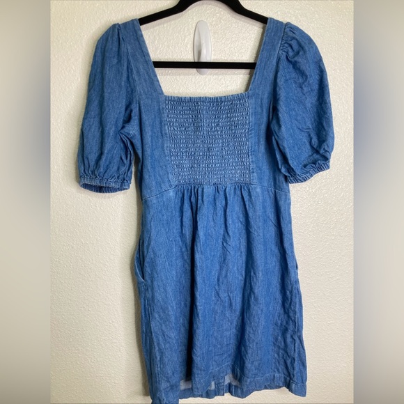 Old Navy Dress Sz S Puff Sleeve Square Neck Denim Button Front Western Cowgirl - Picture 2 of 3